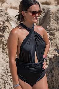 Lady Posing In A Black Wrap Swimsuit Outdoors Pic