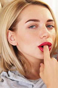 Finger Sucking Freckled Blonde With Lipstick Pic