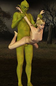Giant Lizard Man Holds Up 3D Teen To Fuck