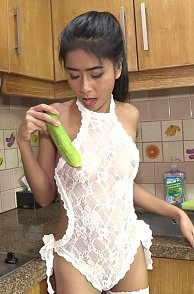Lingerie Asian In White Lingerie Finds Veggie To Play With