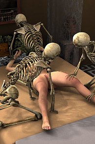 Three Skeletons Ravish A Woman In Bed